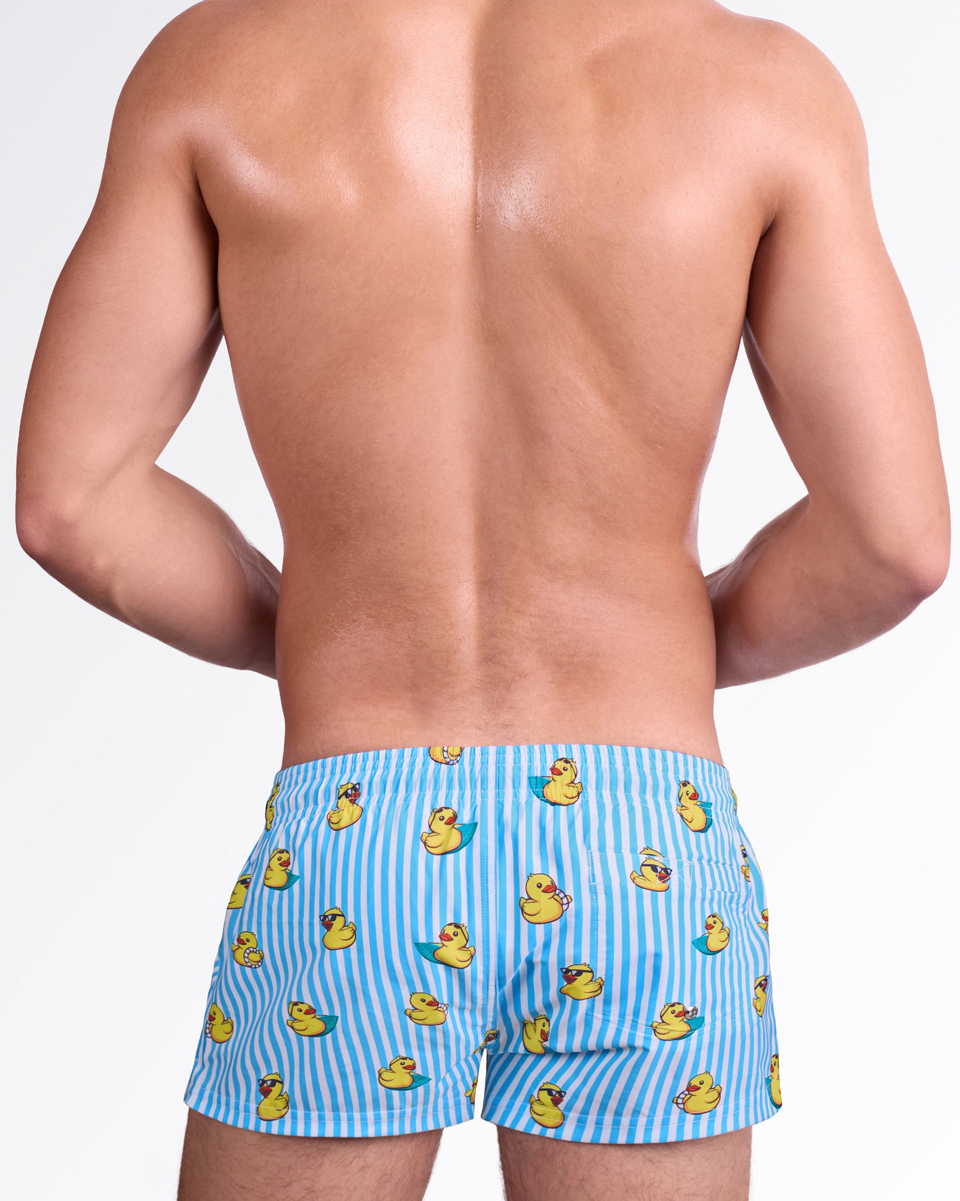 BANG Ducks Just Wanna Have Fun Show Shorts — back view highlighting the fun duck print, rear pocket detail, and tailored short-length silhouette designed for playful poolside style.