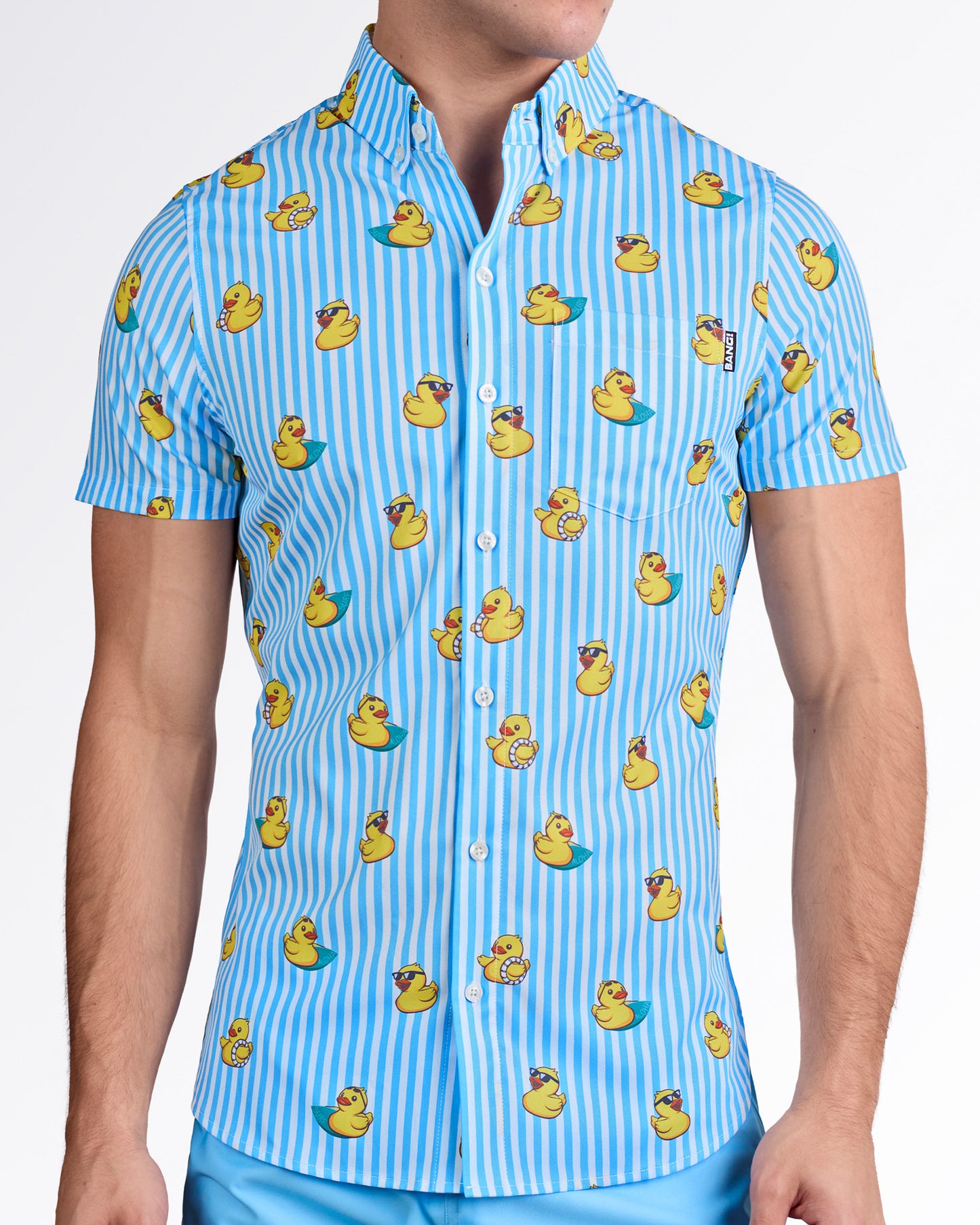 BANG! Ducks Just Wanna Have Fun — model wearing blue striped Stretch Shirt with yellow rubber duck print, front view highlighting button-down design and tailored fit.