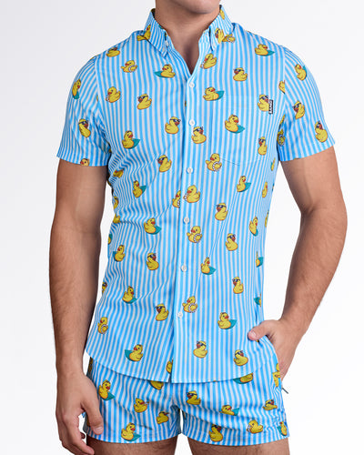 BANG! Ducks Just Wanna Have Fun Stretch Shirt — styled with matching swim shorts, showcasing coordinated striped duck print set and relaxed summer look.