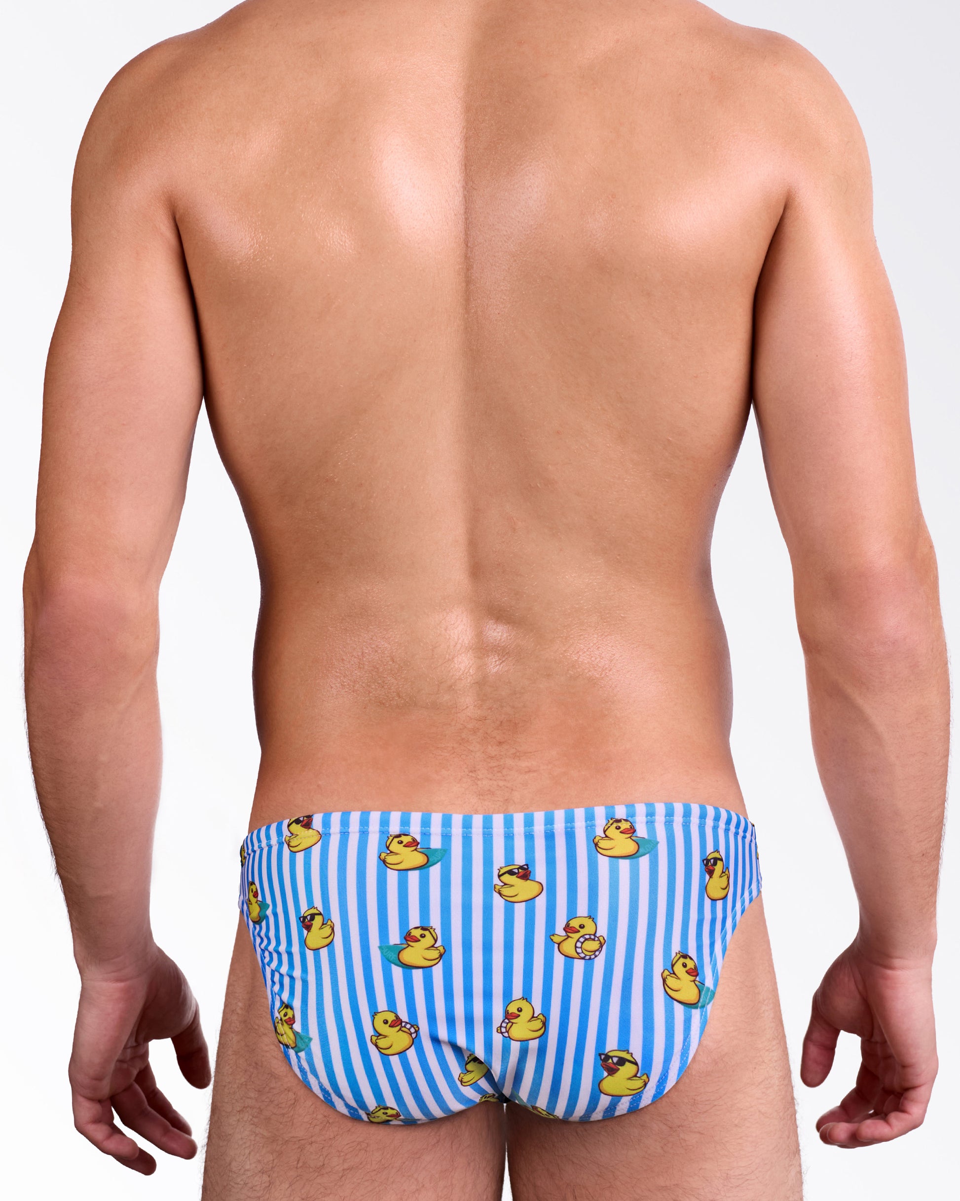 BANG Ducks Just Wanna Have Fun Swim Mini Briefs — back view showcasing allover duck pattern on striped background.