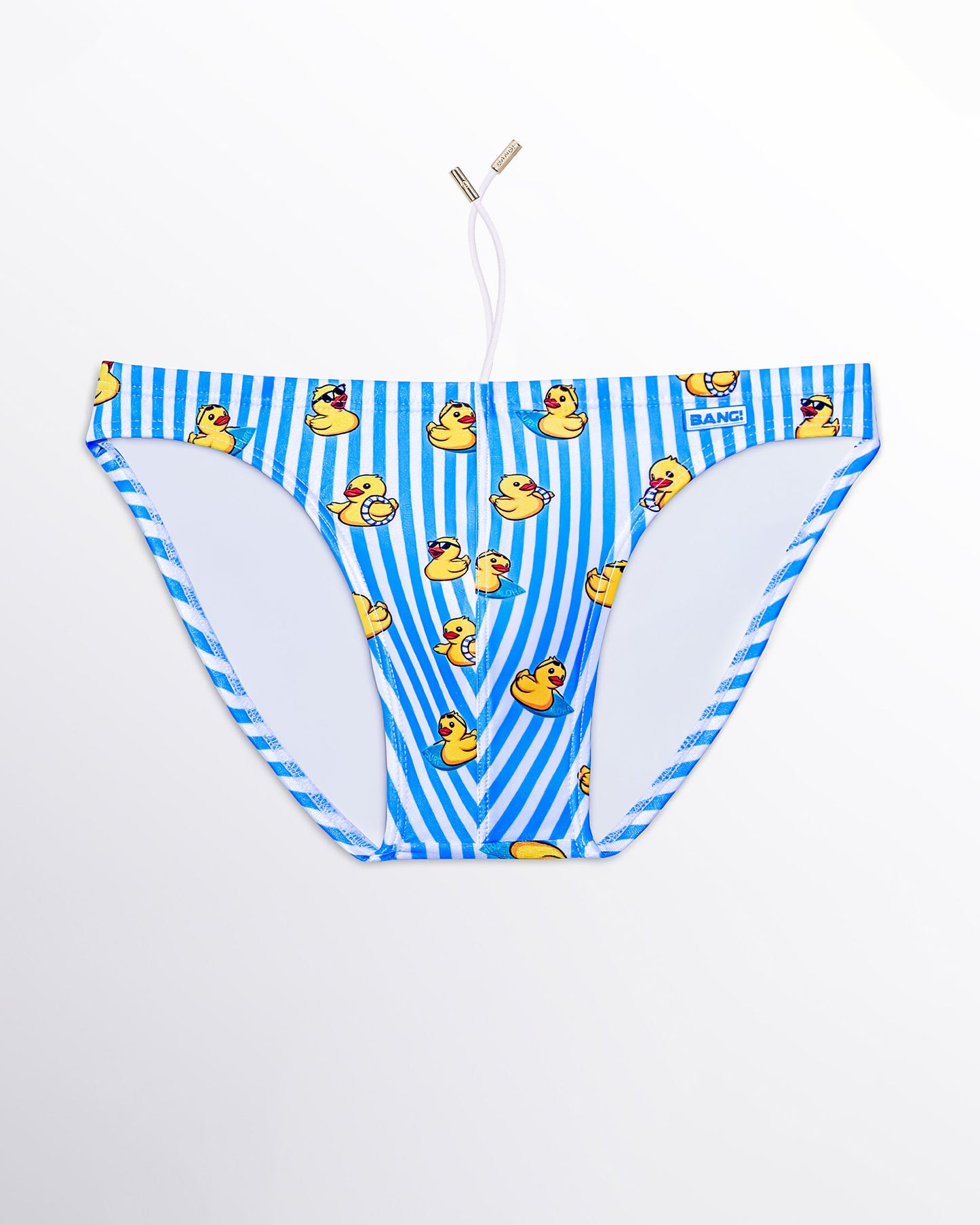 BANG! Miami Ducks Just Wanna Have Fun Swim Mini Brief — flat lay of blue and white striped swim mini briefs with playful yellow duck print and minimal side strap silhouette.