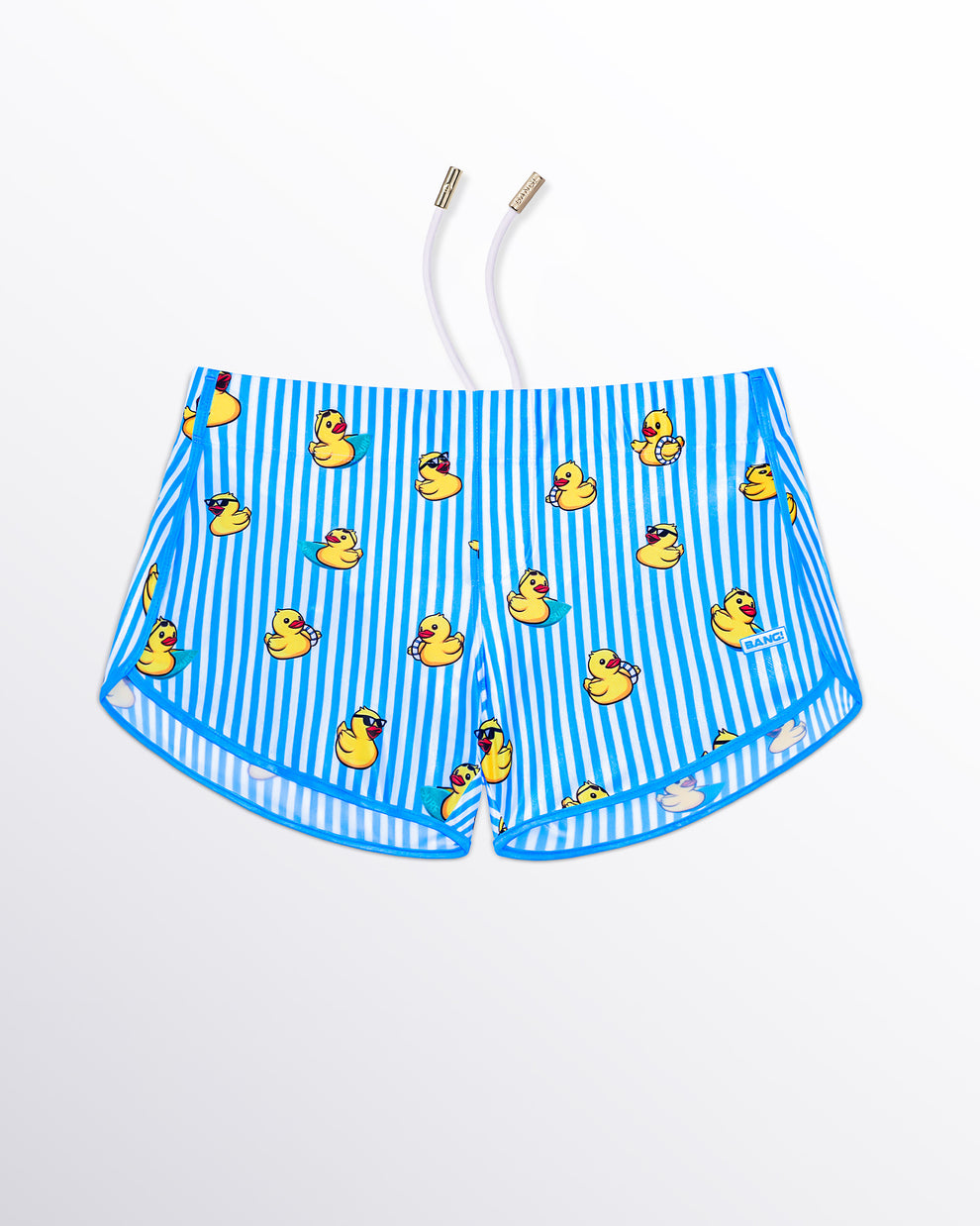 BANG! Miami Ducks Just Wanna Have Fun Swim Shorts — flat lay of blue and white striped swim shorts with playful yellow duck print and retro summer-inspired design.