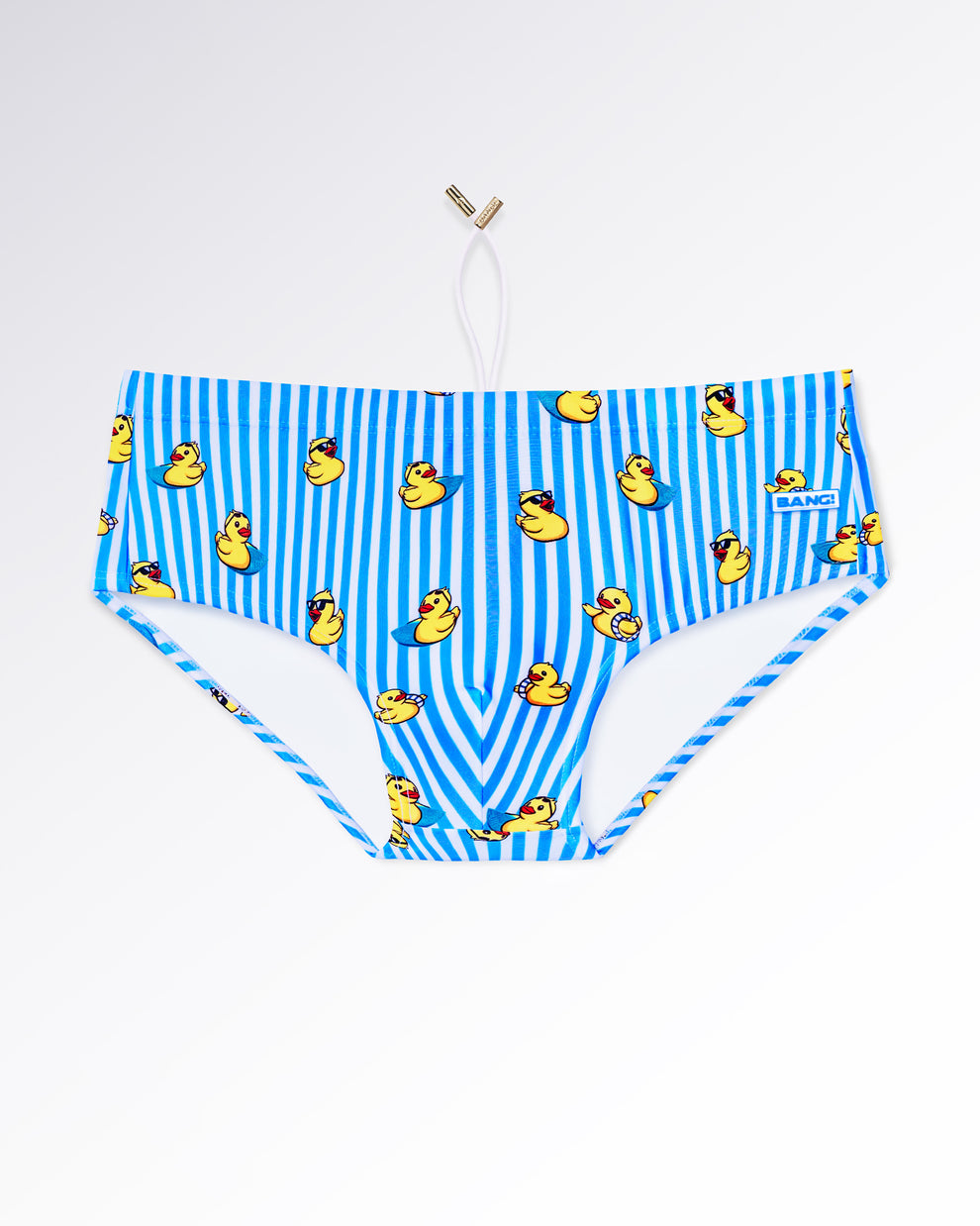 BANG! Miami Ducks Just Wanna Have Fun Swim Sunga — flat lay of blue and white striped swim sunga with playful yellow duck print and retro-inspired summer design.