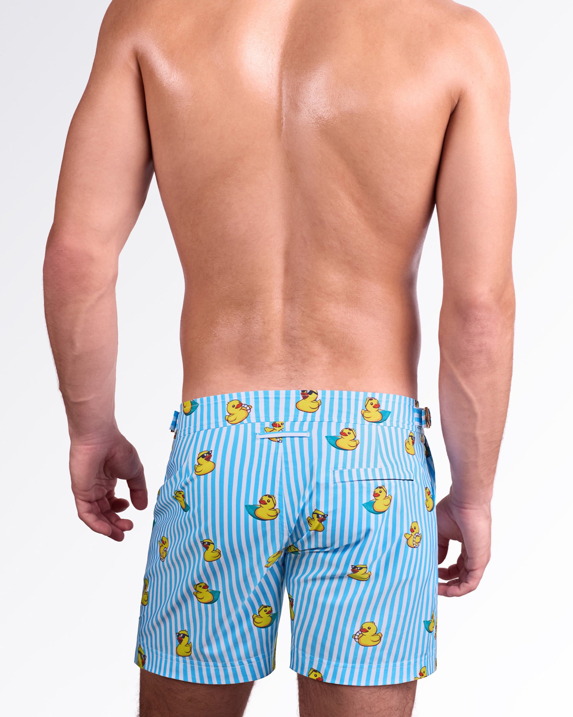 BANG! Miami Ducks Just Wanna Have Fun Tailored Shorts — back view highlighting tailored fit, clean waistband, and rear pocket detail with playful duck print on premium swim fabric.
