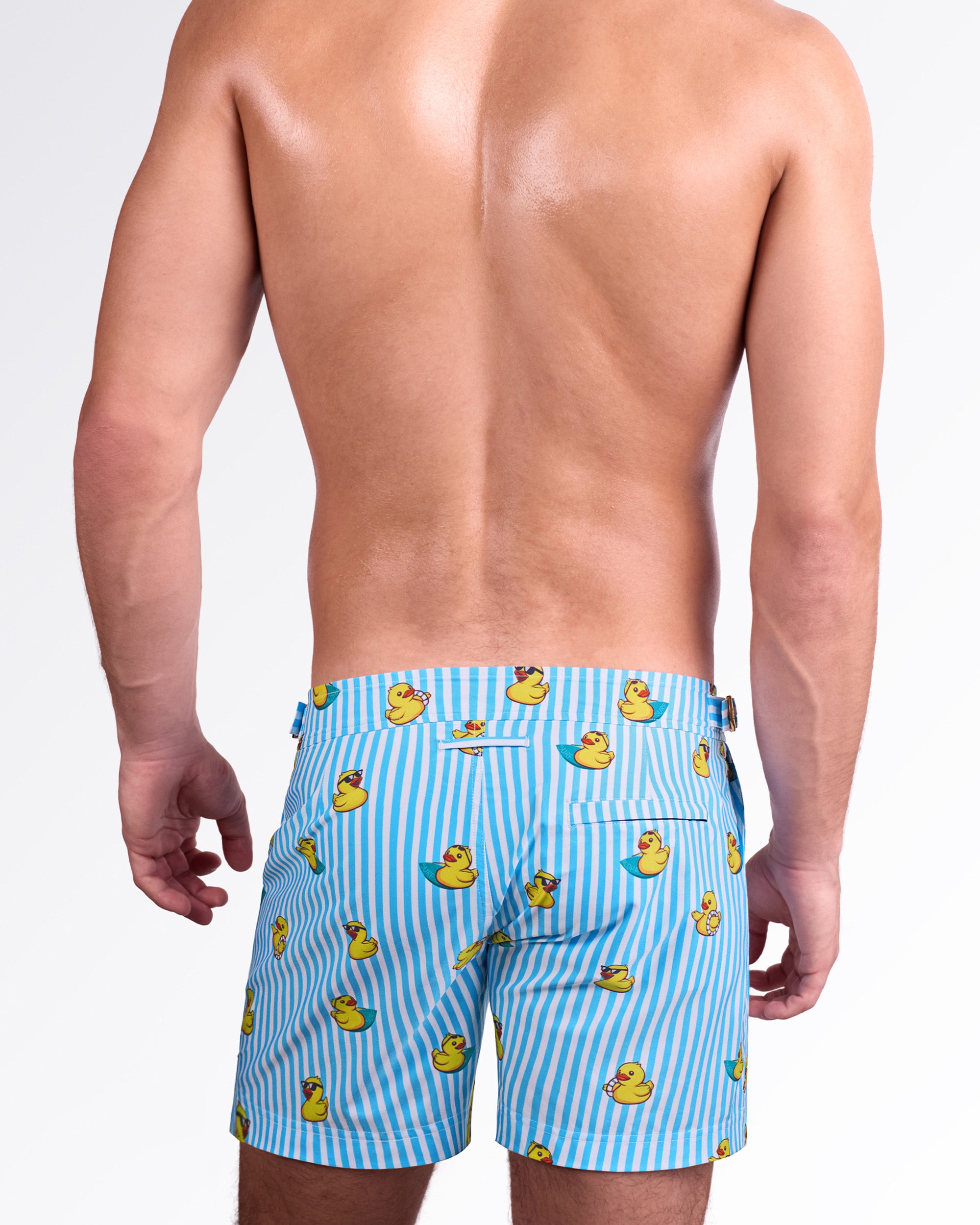 BANG! Miami Ducks Just Wanna Have Fun Tailored Shorts — back view highlighting tailored fit, clean waistband, and rear pocket detail with playful duck print on premium swim fabric.