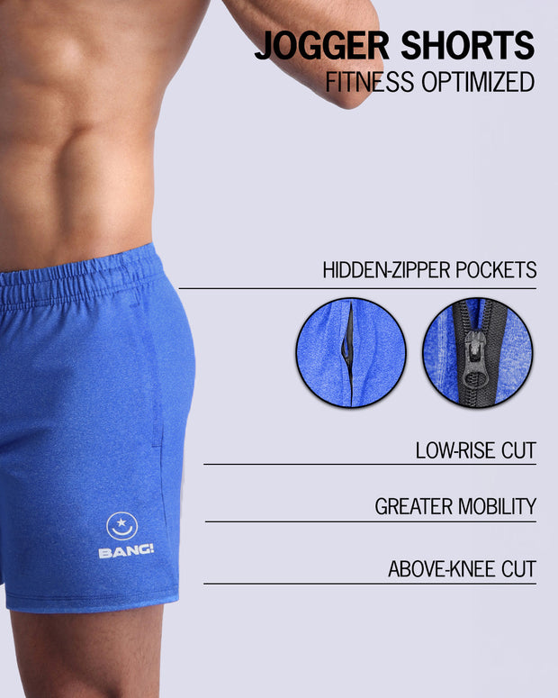 The BANG! ELECTRIC BLUE Jogger Shorts - designed with sweat-wicking fabric to keep you cool and dry, hidden zipper pockets to keep your essentials safe, a low-rise cut for a comfortable fit, and an above-knee length for maximum mobility. 