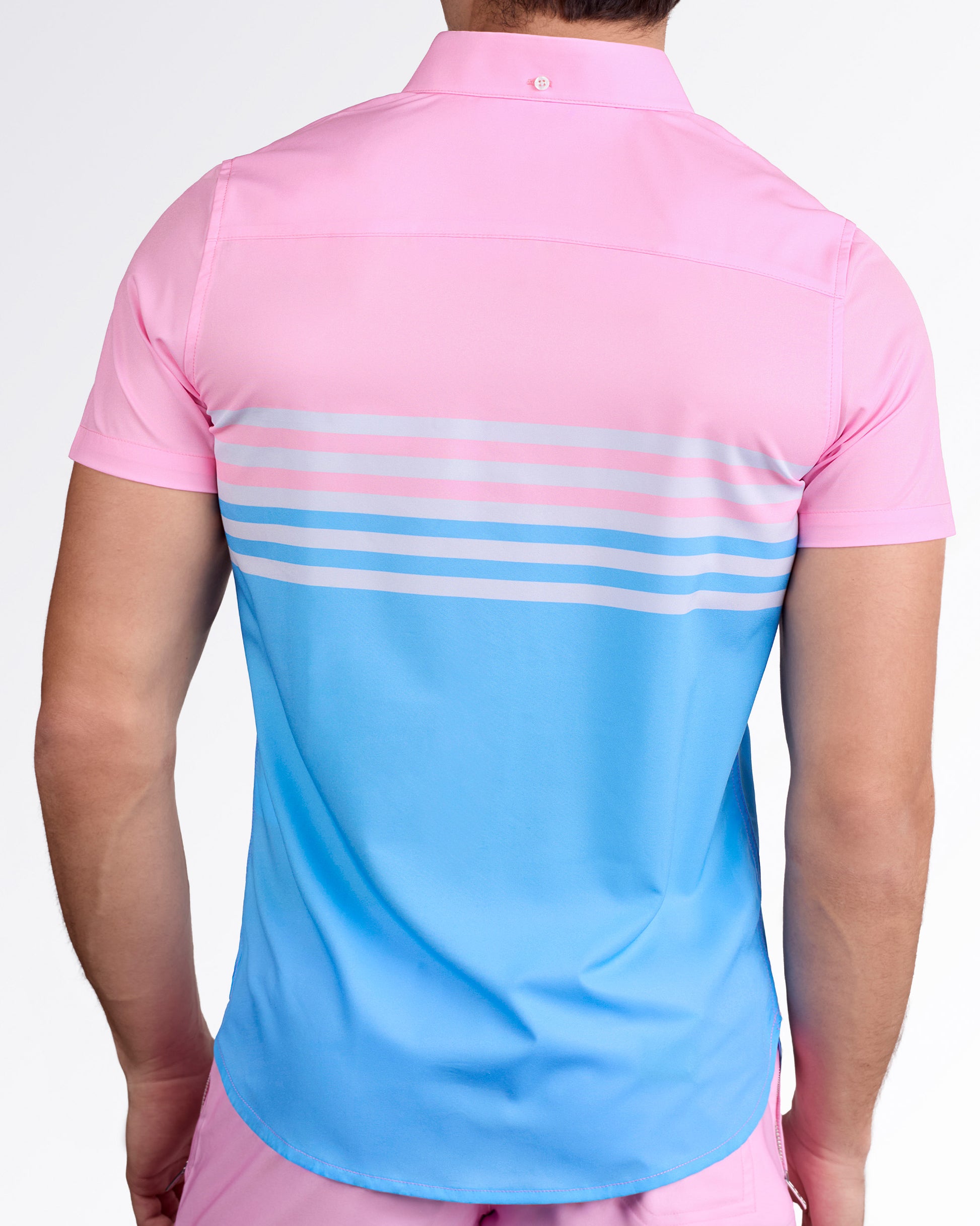BANG! Equinoxe Pastels Stretch Shirt — back view highlighting smooth gradient transition from soft pink to blue with clean stripe detailing across the upper back.