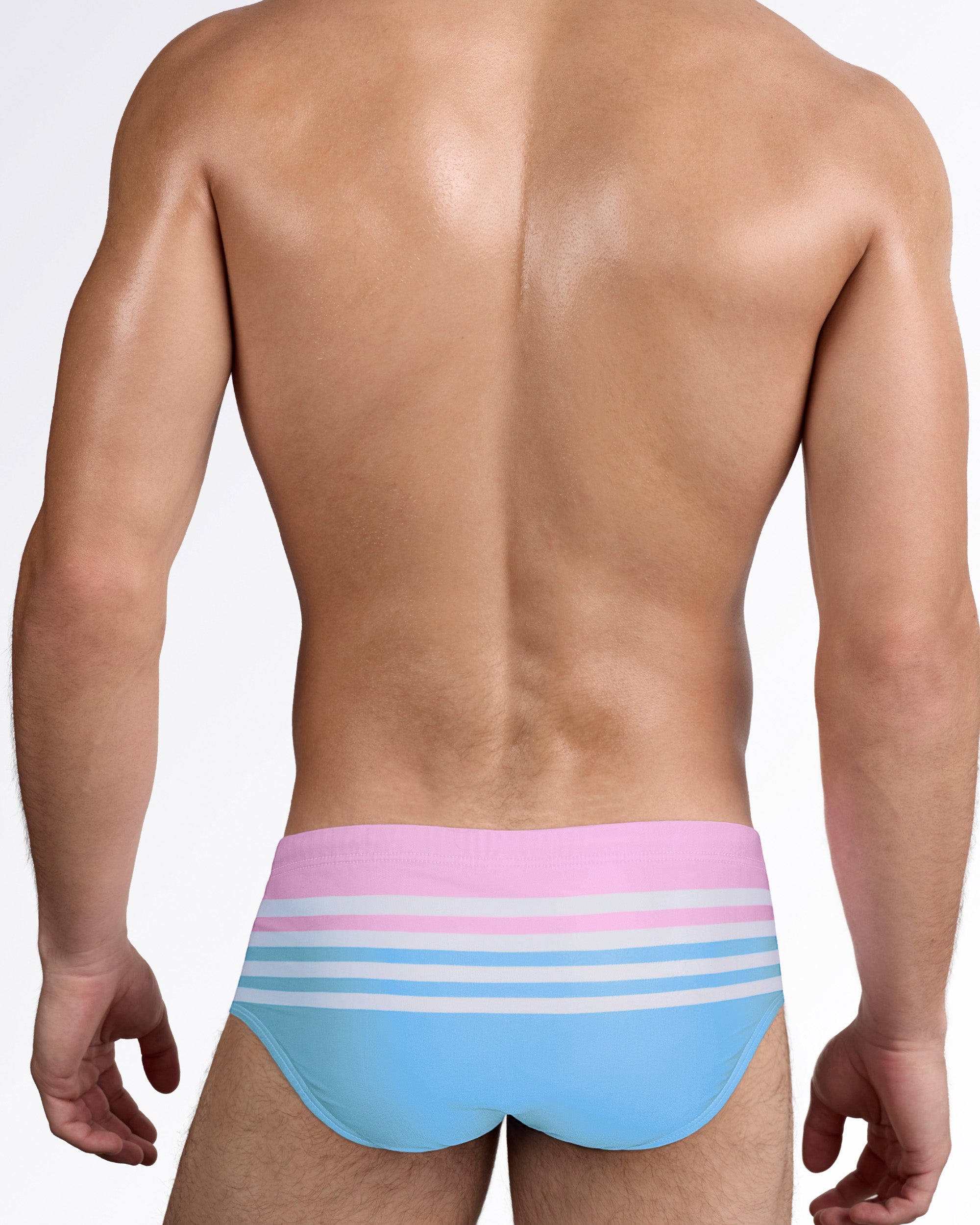 DC2 Equinox Pastels Swim Sunga — back view showing smooth full rear coverage with pastel stripe detailing blending into a light blue base.