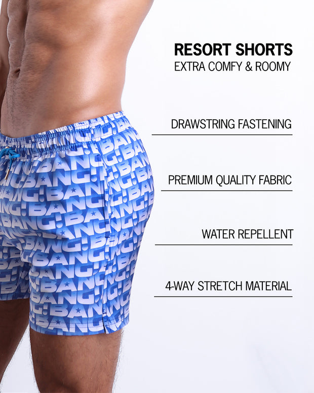 Infographic explaining how extra comfy and roomy Resort Shorts. They have drawstring fastening, quality fabric, quick-dry, water repellent, 4-way stretch material features of the resort shorts. 