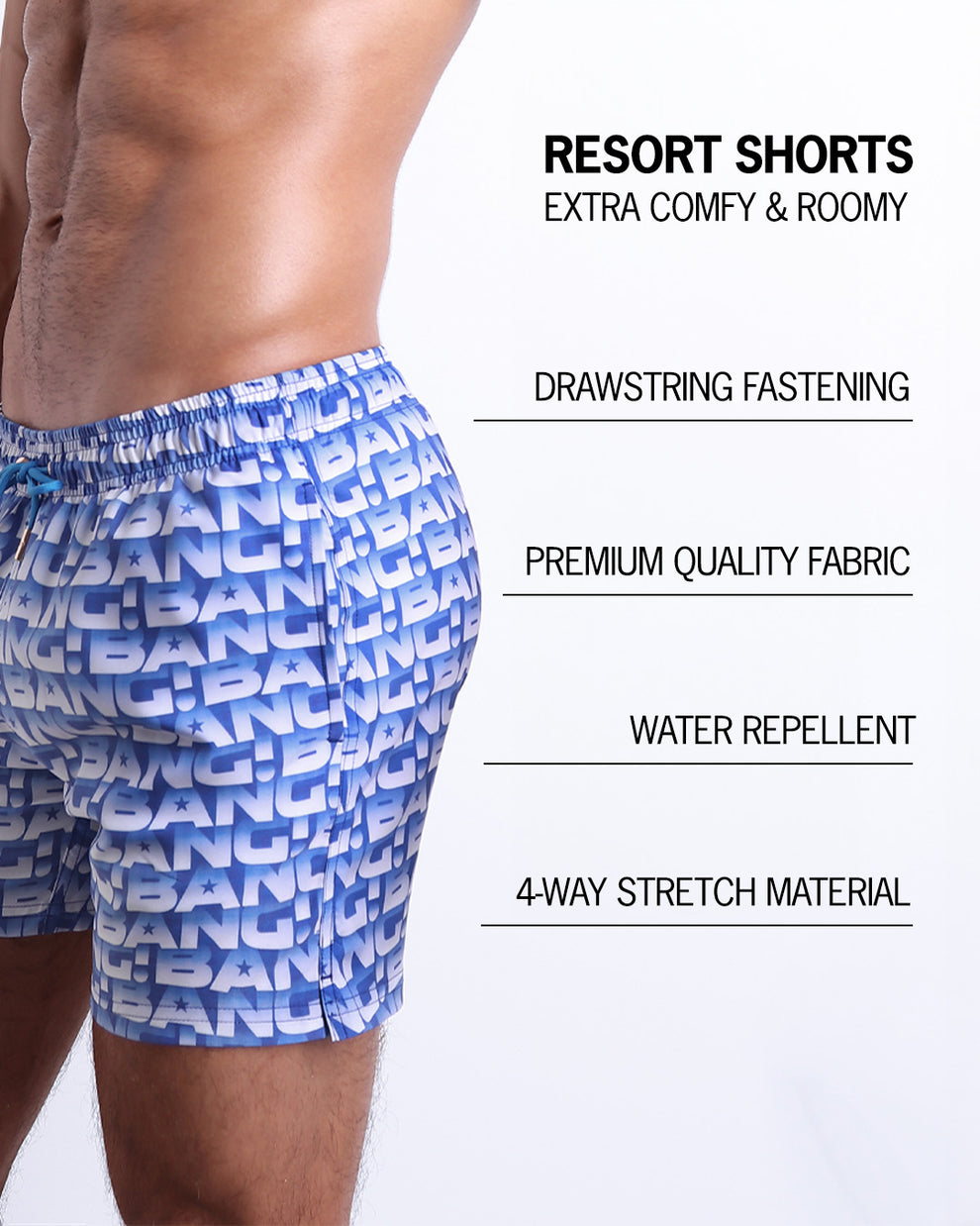 Infographic explaining how extra comfy and roomy Resort Shorts. They have drawstring fastening, quality fabric, quick-dry, water repellent, 4-way stretch material features of the resort shorts.