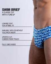 Infographic explaining the classic cut with a tune-up ESCAPADE (BLUE/WHITE) Swim Brief by BANG! Clothes. These men swimsuit is low-rise seat for optimal fit, available with or without 'Full-Pack' insert, comfier front pouch, and fully lined inside.