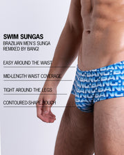 Infographic explaining the Brazilian Men's Swim Sunga remixed by BANG! These Swim Sunga are easy around the waist, are mid-length waist coverage, are tight aroung the legs, and have contoured-shape pouch.