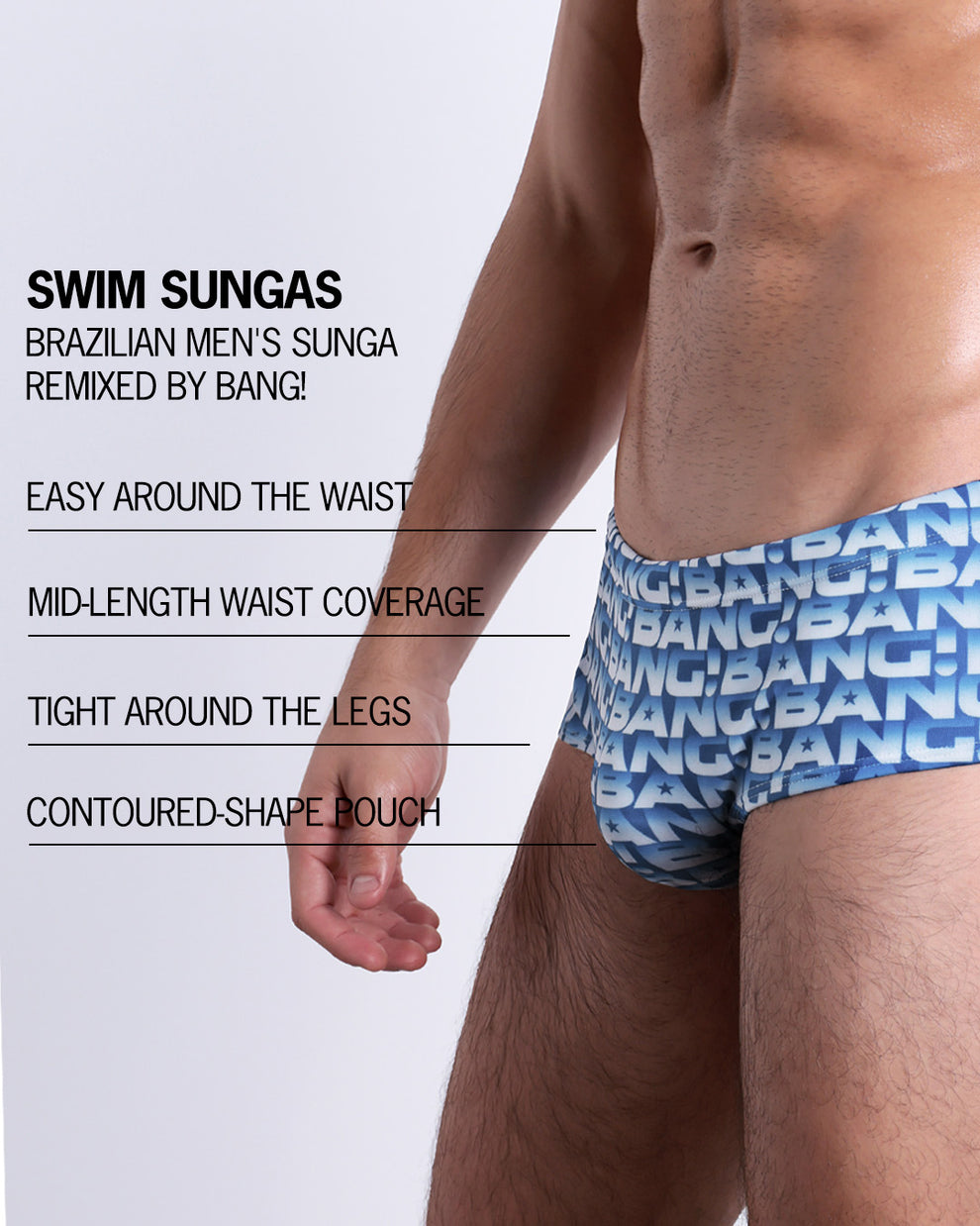 Infographic explaining the Brazilian Men's Swim Sunga remixed by BANG! These Swim Sunga are easy around the waist, are mid-length waist coverage, are tight aroung the legs, and have contoured-shape pouch.