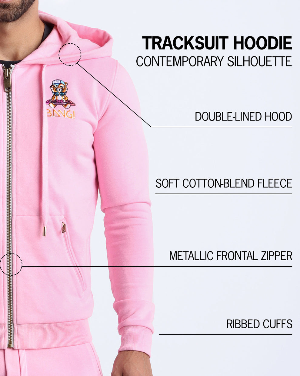 An infographic explaining the features of BANG! Clothes’ Tracksuit Hoodie, including a contemporary silhouette, double-lined hood, soft cotton-blend fleece, ribbed cuffs, and a metallic frontal zipper.