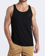 A model wearing the EXACT BLACK men's fitness breathable tank top with the SAFARI BROWN Street Shorts. The casual beach tank top is made of modal cotton blend in a solid dark black color by DC2 Miami menswear.