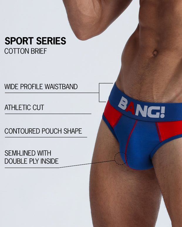 An infographic displays the premium quality of the Cotton Brief Sport Series. It features a wide profile waistband, athletic cut, contoured pouch shape, and semi-lined with double ply inside.