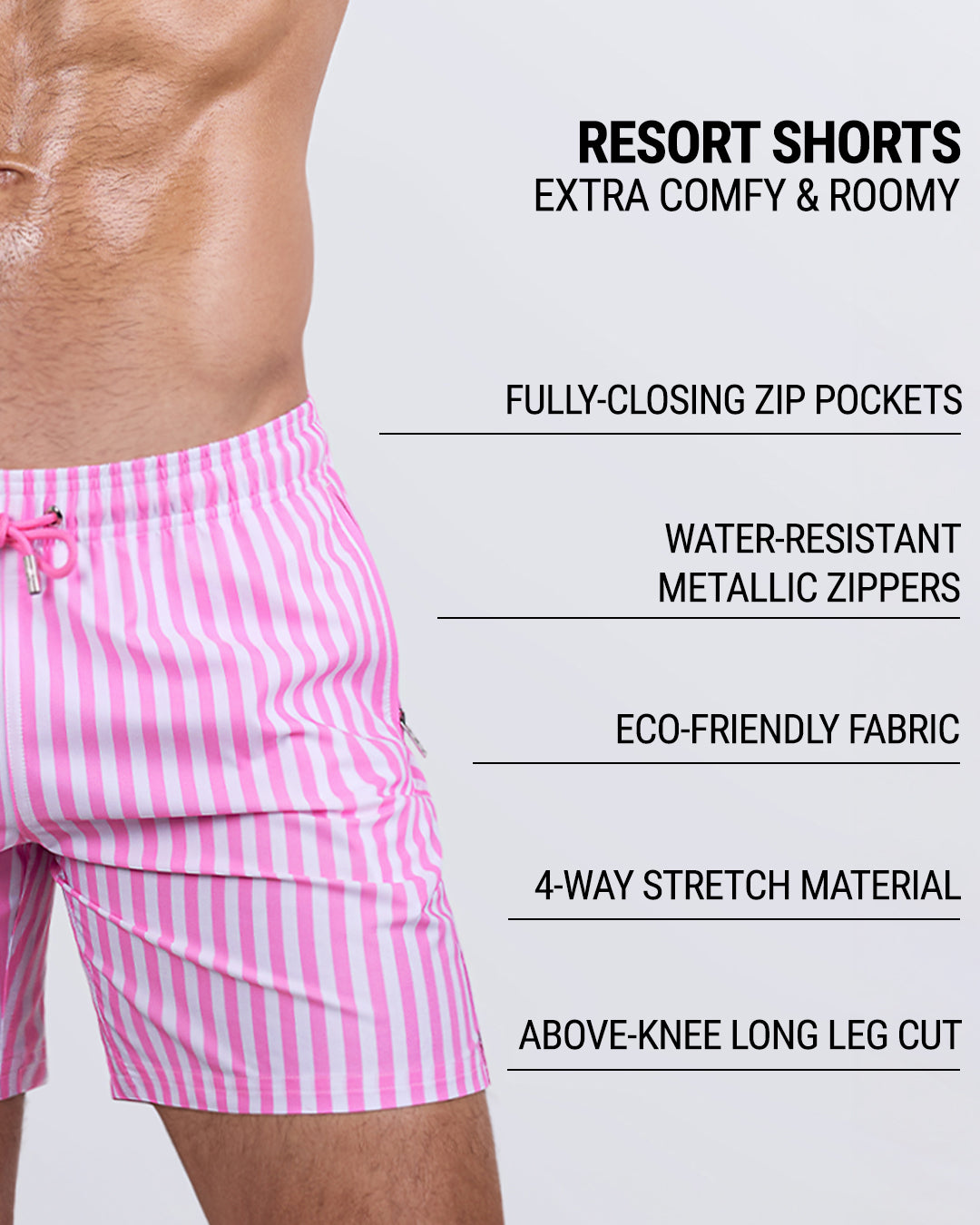Detailed close-up of the FAST LINES (CHILL PINK) Resort Shorts by DC2 Miami, highlighting key features: roomy, above-the-knee leg cut, elastic waistband with an adjustable drawstring, fully-closing zip pockets, water-repellent fabric, metallic water-resistant zippers, and premium four-way stretch material.