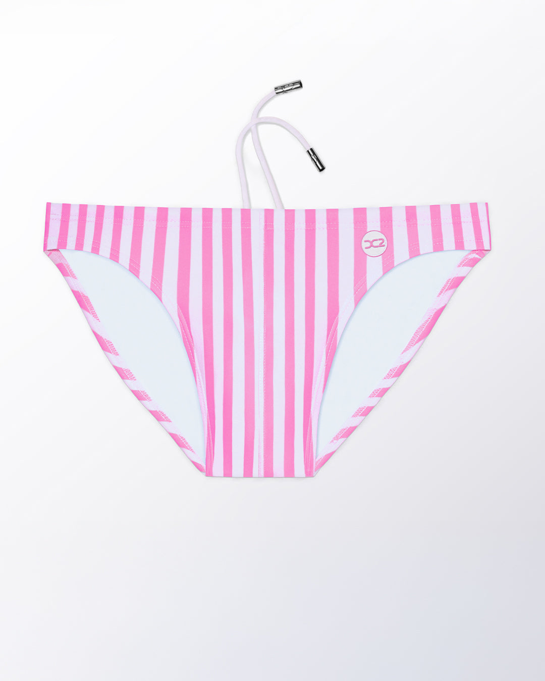 Ghost flat lay of the Fast Lines (Chill Pink) Swim Mini Brief, highlighting the crisp stripe pattern, contoured front, and minimal coverage fit.