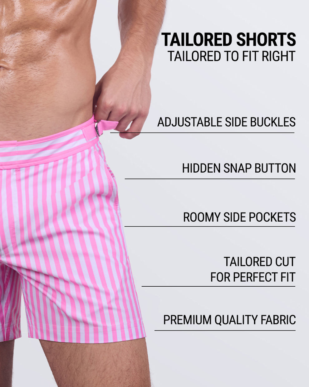 FAST LINES (CHILL PINK) - Men's designer swim shorts in a tailored cut with roomy side pockets, quick-dry premium fabric, and a hidden snap button. A must-have for modern men’s resort wear, high-end swimwear, and vacation essentials.