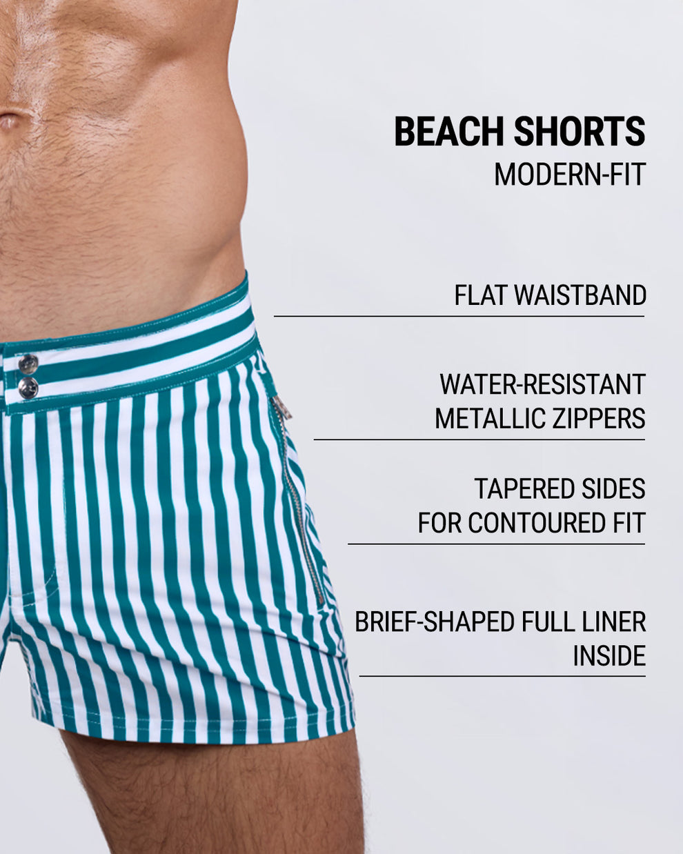 Detailed close-up of the FAST LINES (PACIFIC GREEN) beach shorts by DC2 Miami, highlighting key features: modern-fit design, flat waistband, water-resistant metallic zippers, tapered sides for a contoured fit, and a brief-shaped full liner inside for added support and comfort.