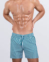 FAST LINES (PACIFIC GREEN) Resort Shorts by DC2 Miami, featuring a relaxed fit, four-way stretch fabric, and an above-knee length for extra comfort. The shorts come in a bold green and white striped pattern with an elastic waistband and an adjustable drawstring.