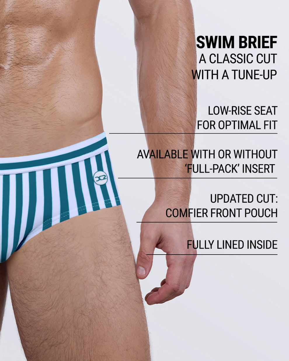 This men’s swimsuit features a low-rise seat for an optimal fit, is available with or without the signature ‘Full-Pack’ insert, includes a comfier front pouch, and is fully lined inside for premium comfort and support.