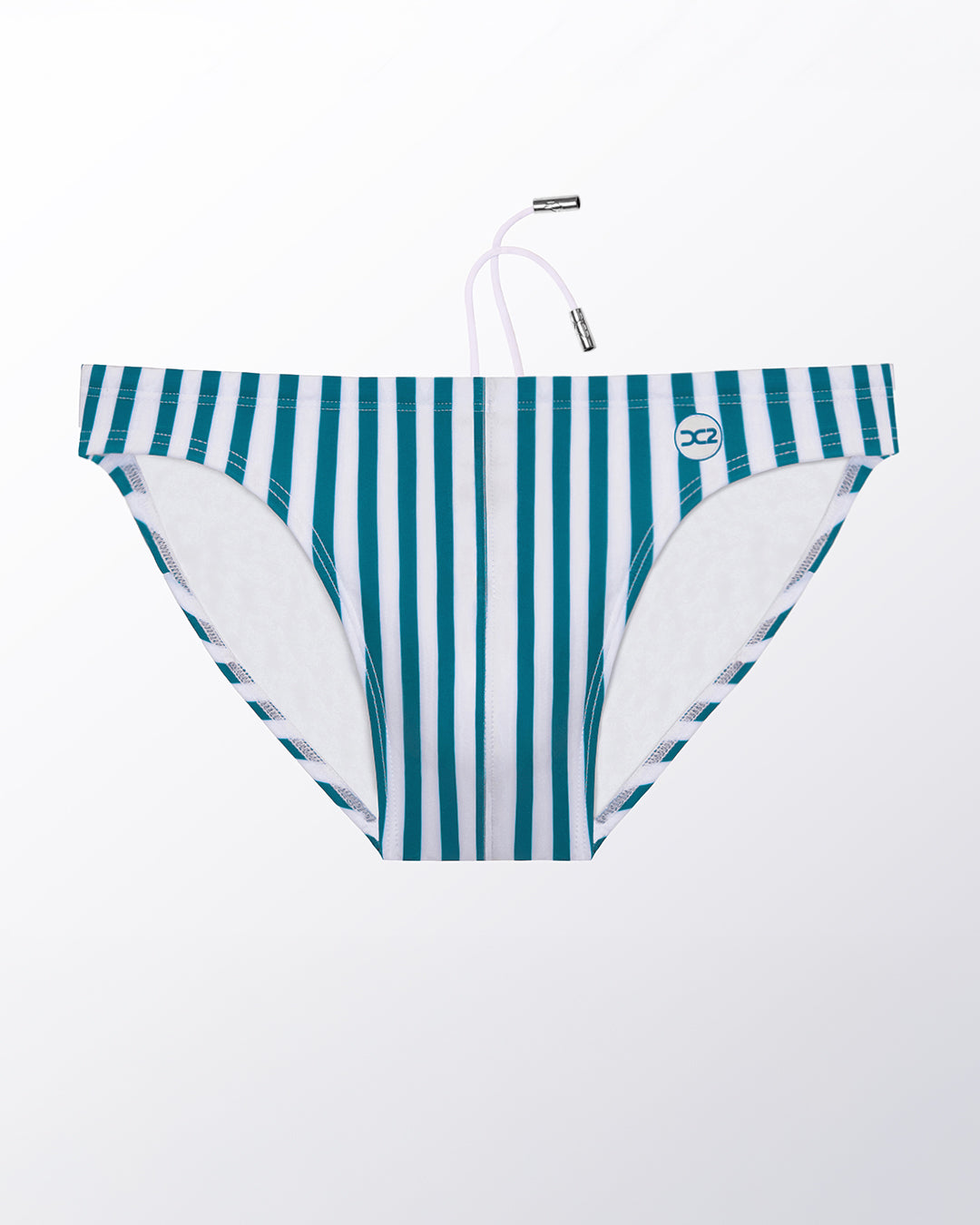 Ghost flat lay of the Fast Lines (Pacific Green) Swim Mini Brief, highlighting the crisp stripe pattern, contoured front, and minimal coverage fit.