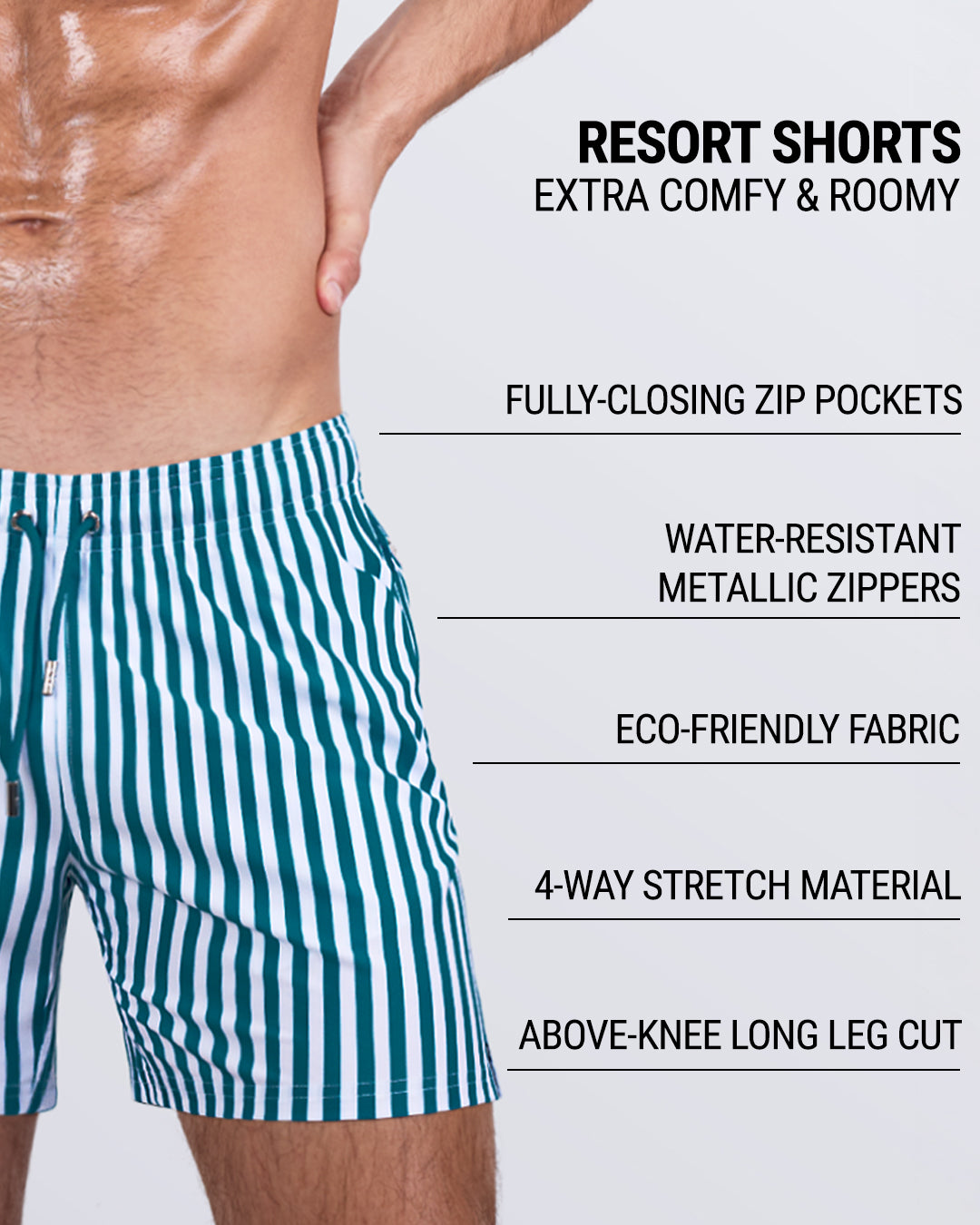 Detailed close-up of FAST LINES (PACIFIC GREEN) Resort Shorts by DC2 Miami, highlighting key features: roomy above-knee cut, fully-closing zip pockets, water-resistant metallic zippers, water-repellent material, and four-way stretch fabric for ultimate flexibility.
