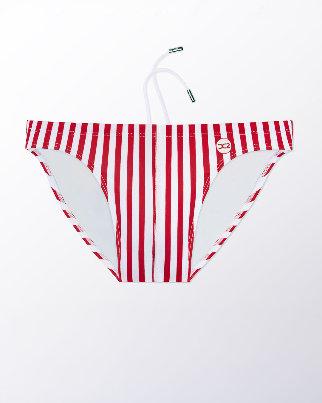 Ghost flat lay of the Fast Lines (Rapid Red) Swim Mini Brief, highlighting the dynamic stripe pattern, contoured front, and minimal coverage fit.