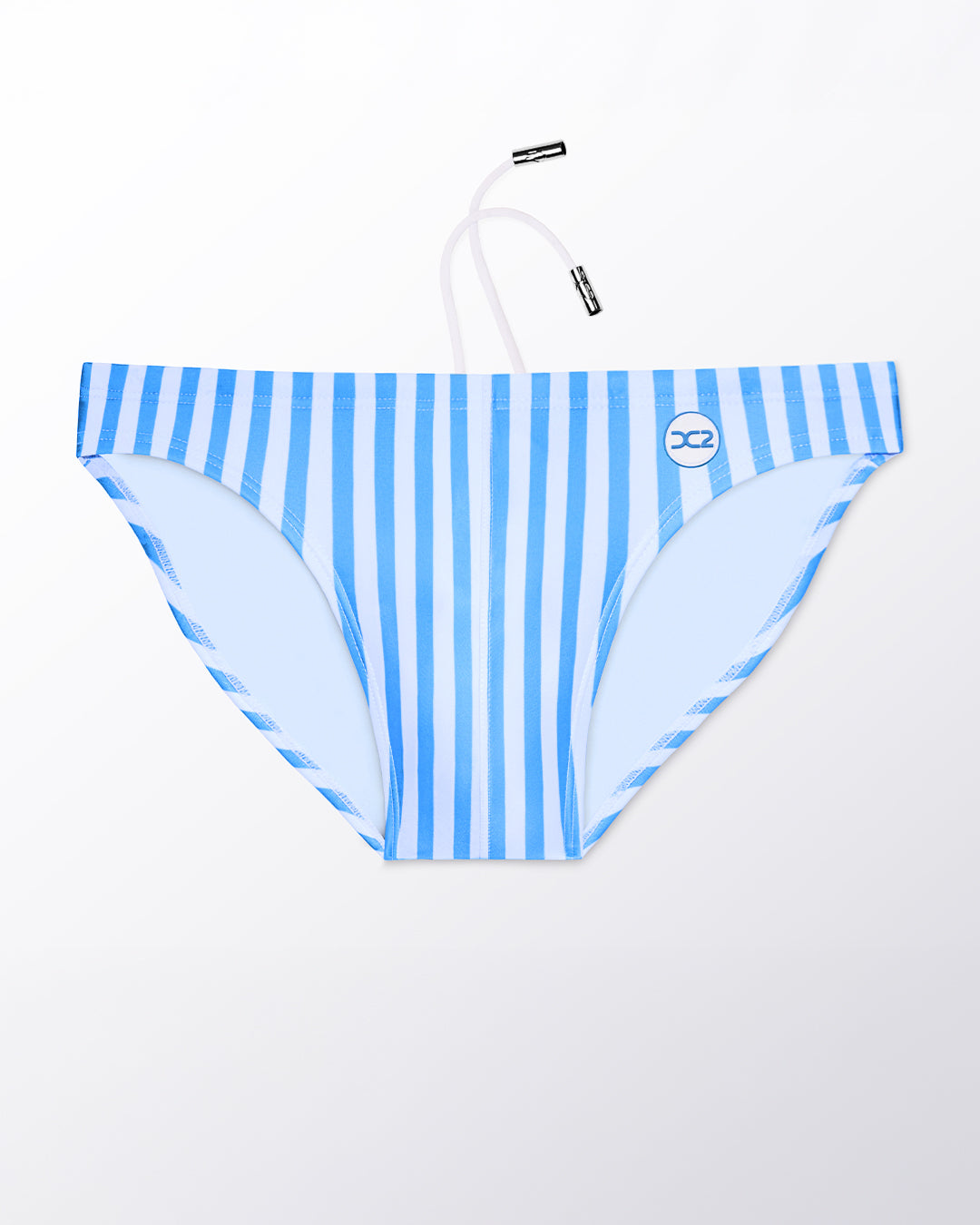 Ghost flat lay of the Fast Lines (Sky Blue) Swim Mini Brief, highlighting the clean stripe pattern, contoured front, and minimal coverage fit.