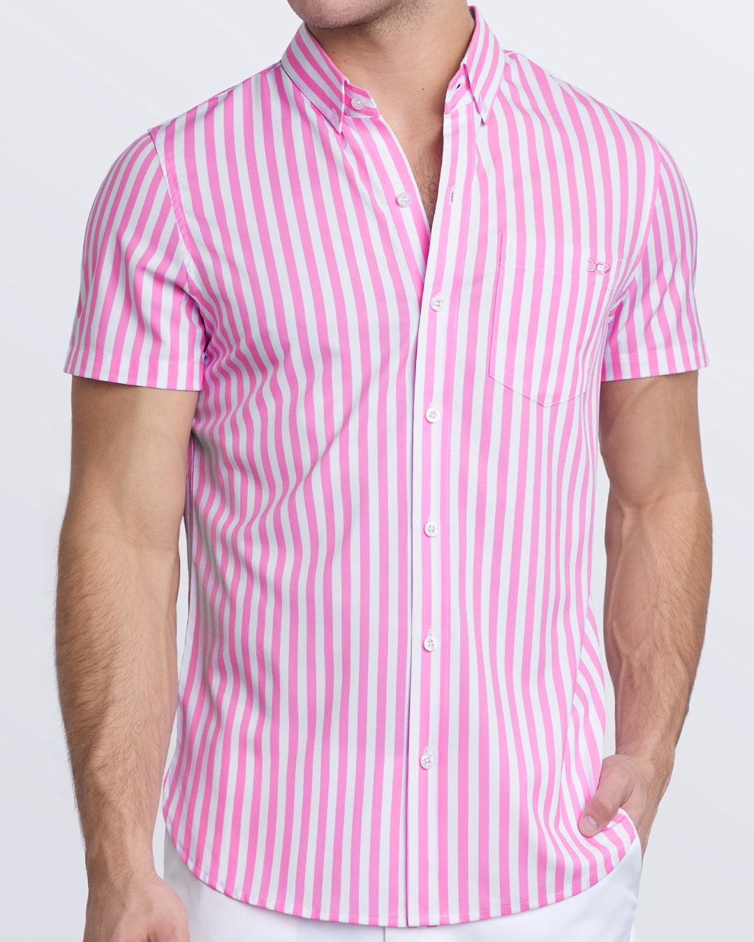 DC2 Stretch Shirt in Fast Lines Chill Pink—front view with pink and white stripes, chest pocket, and fitted shape.