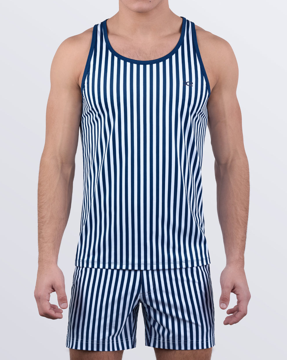 Matching FAST LINES (NAVY BLUE) tank top and shorts set – men’s premium activewear by DC2 Miami – ideal for gym, CrossFit, and beach lifestyle