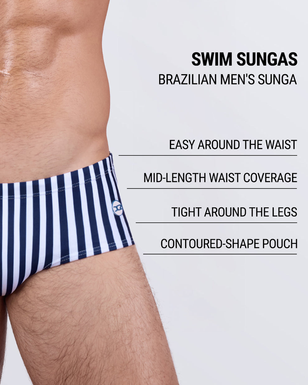 FAST LINES (NAVY BLUE) Swim Sunga by DC2 Miami – highlighted features include easy fit around the waist, mid-length coverage, tight leg fit, and contoured-shape pouch for enhanced support.