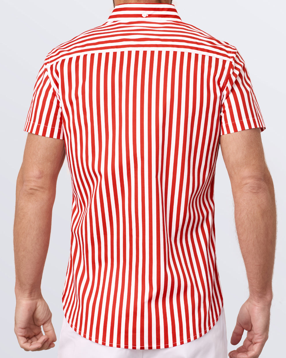 Back view of red and white striped men's shirt – lightweight cotton style by DC2 Clothing.