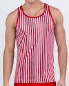 Men's red and white striped gym tank top – FAST LINES (RAPID RED) by DC2 Miami – lightweight, athletic fit, breathable fabric
