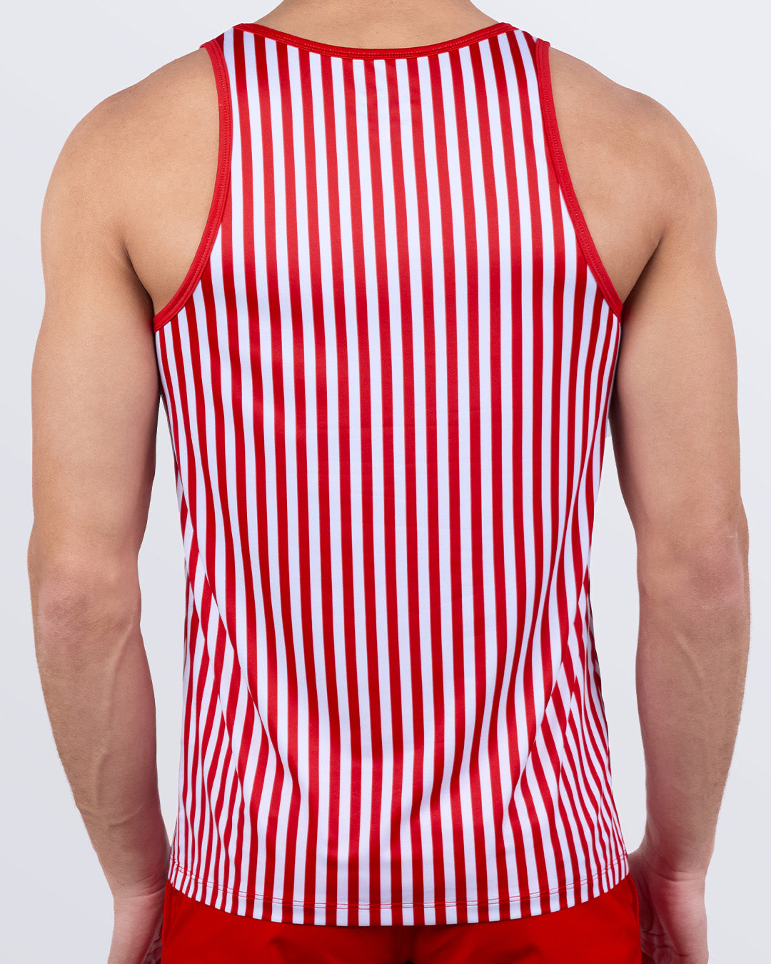 Back view of FAST LINES (RAPID RED) men's workout tank top – red and white vertical stripes – moisture-wicking and 4-way stretch