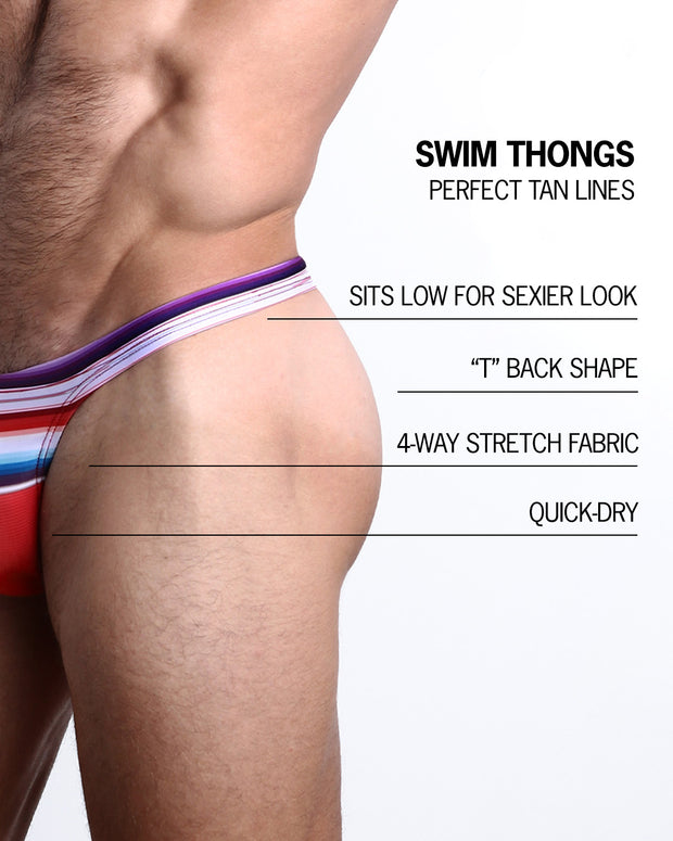 Infographic explaining the many features of the BANG! Clothes FAWCETT SARAPE Swim Thongs. These Summer speedo fit men&