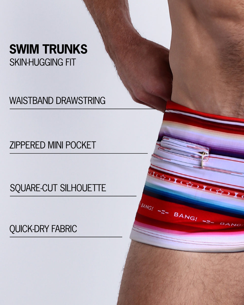 Infographic explaining the Swim Trunks swimming shorts by BANG! These Swim Trunks have a skin-hugging fit, have a wasitband drawstring, zippered mini pocket, square-cut silhouette and quick-dry fabric.