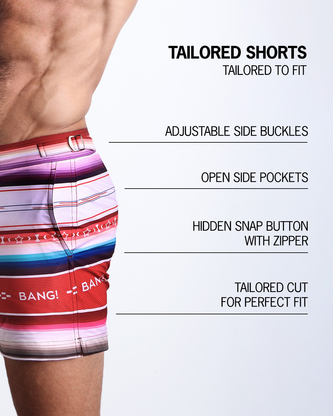 Infographic explaining the Tailored Shorts features and how they're tailored to fit every body form. They have hidden snap button with zipper, reinforced side pockets, and welded back pocket with zipper premium quality beach shorts for men.