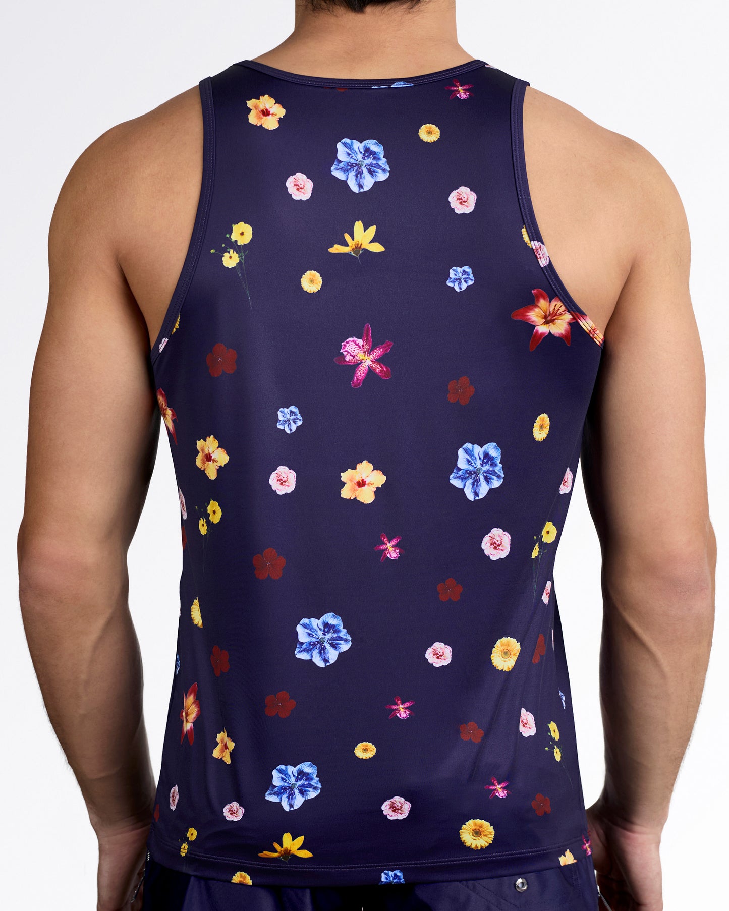 DC2 Flower Powers (Blue) Gym Tank Top — back view highlighting full floral coverage, athletic racerback cut, and lightweight stretch material.