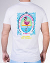 Pink Flamingos Cotton Graphic T-Shirt by DC2 Miami featuring a colorful flamingo sunset back graphic on a clean white crewneck tee.