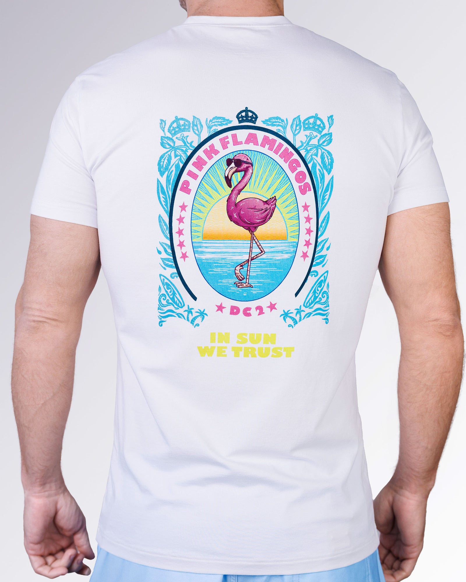 Pink Flamingos Cotton Graphic T-Shirt by DC2 Miami featuring a colorful flamingo sunset back graphic on a clean white crewneck tee.