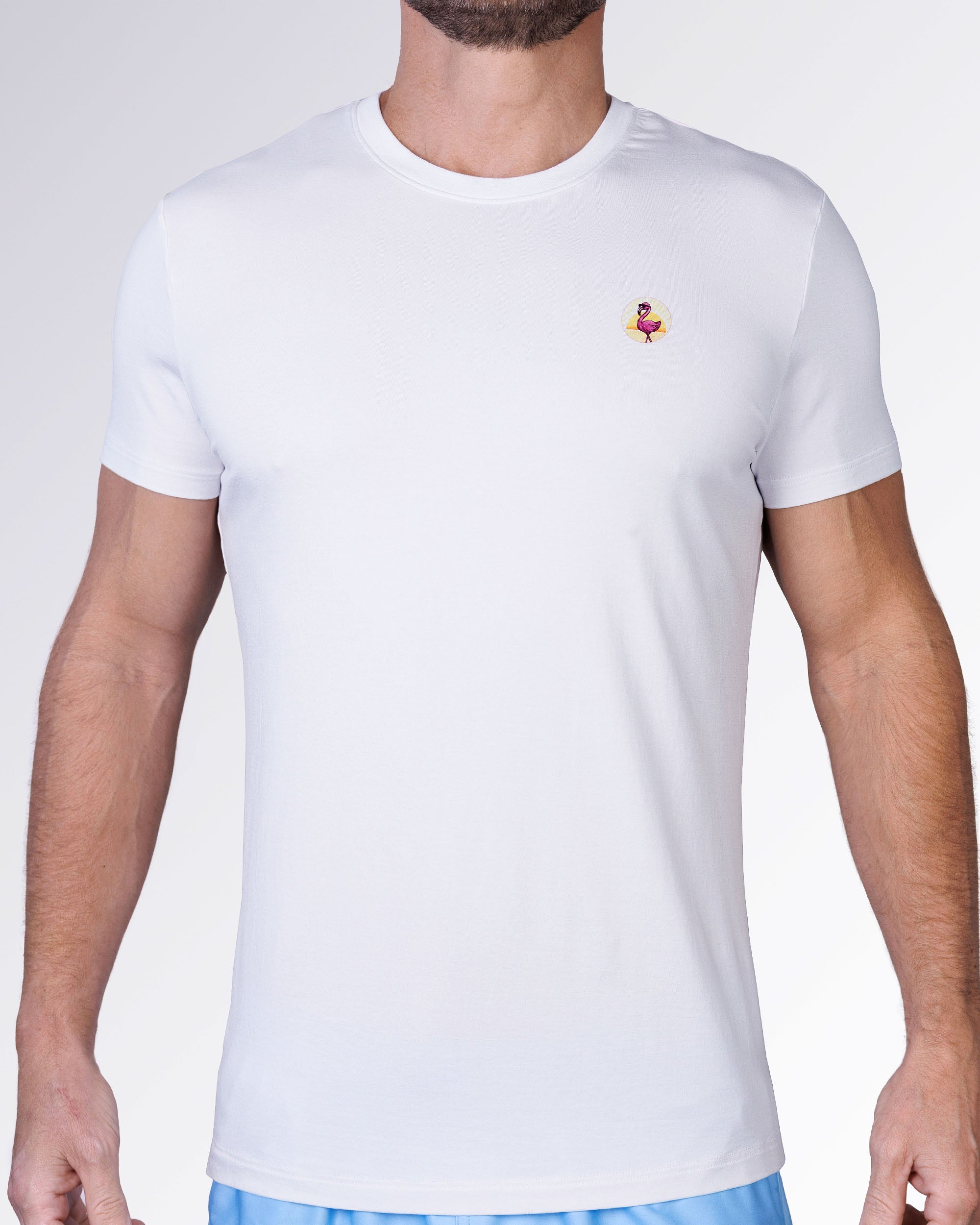 Front view of the Pink Flamingos Cotton Graphic T-Shirt by DC2 Miami with a minimal chest logo and classic white cotton fit.