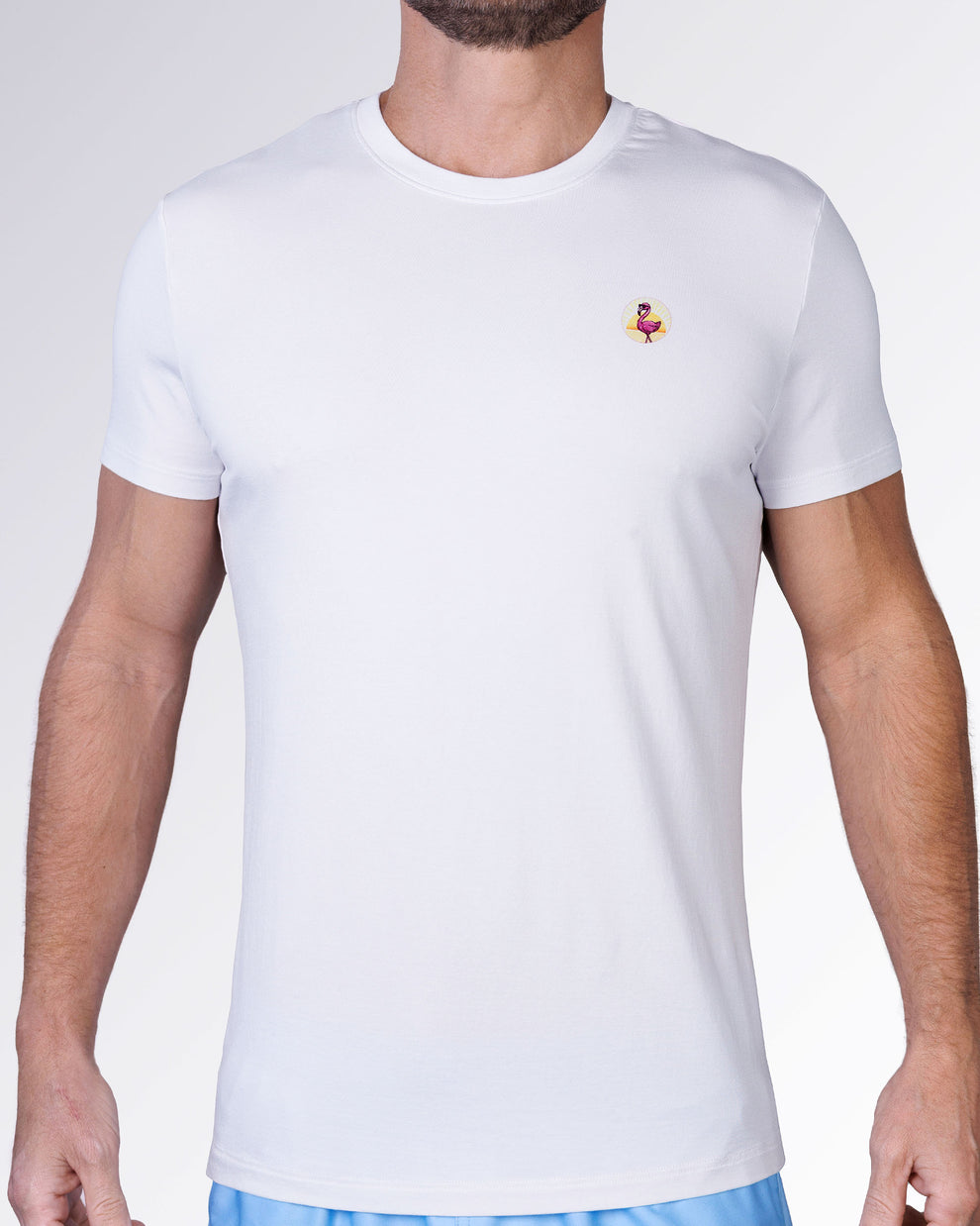 Front view of the Pink Flamingos Cotton Graphic T-Shirt by DC2 Miami with a minimal chest logo and classic white cotton fit.