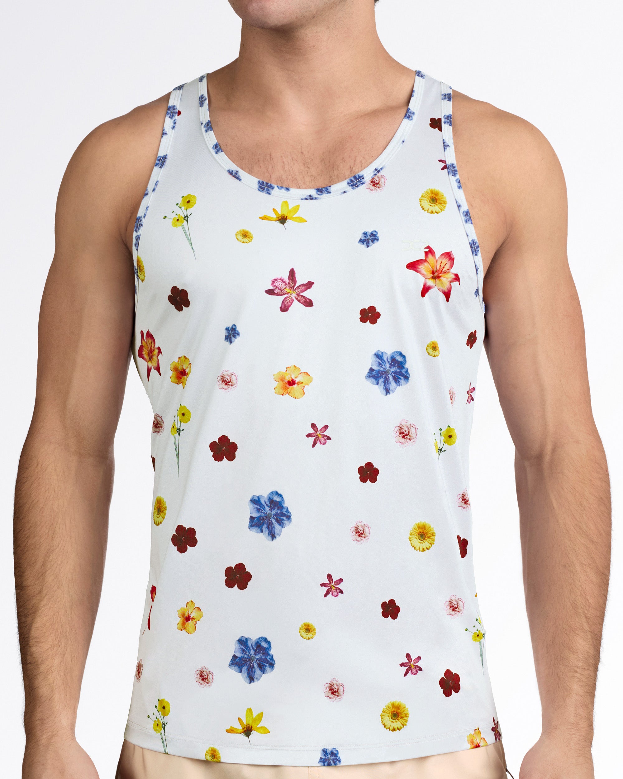 DC2 Flower Powers (Cream) Gym Tank Top — model wearing cream floral men’s tank featuring multicolor flower print on lightweight performance fabric.