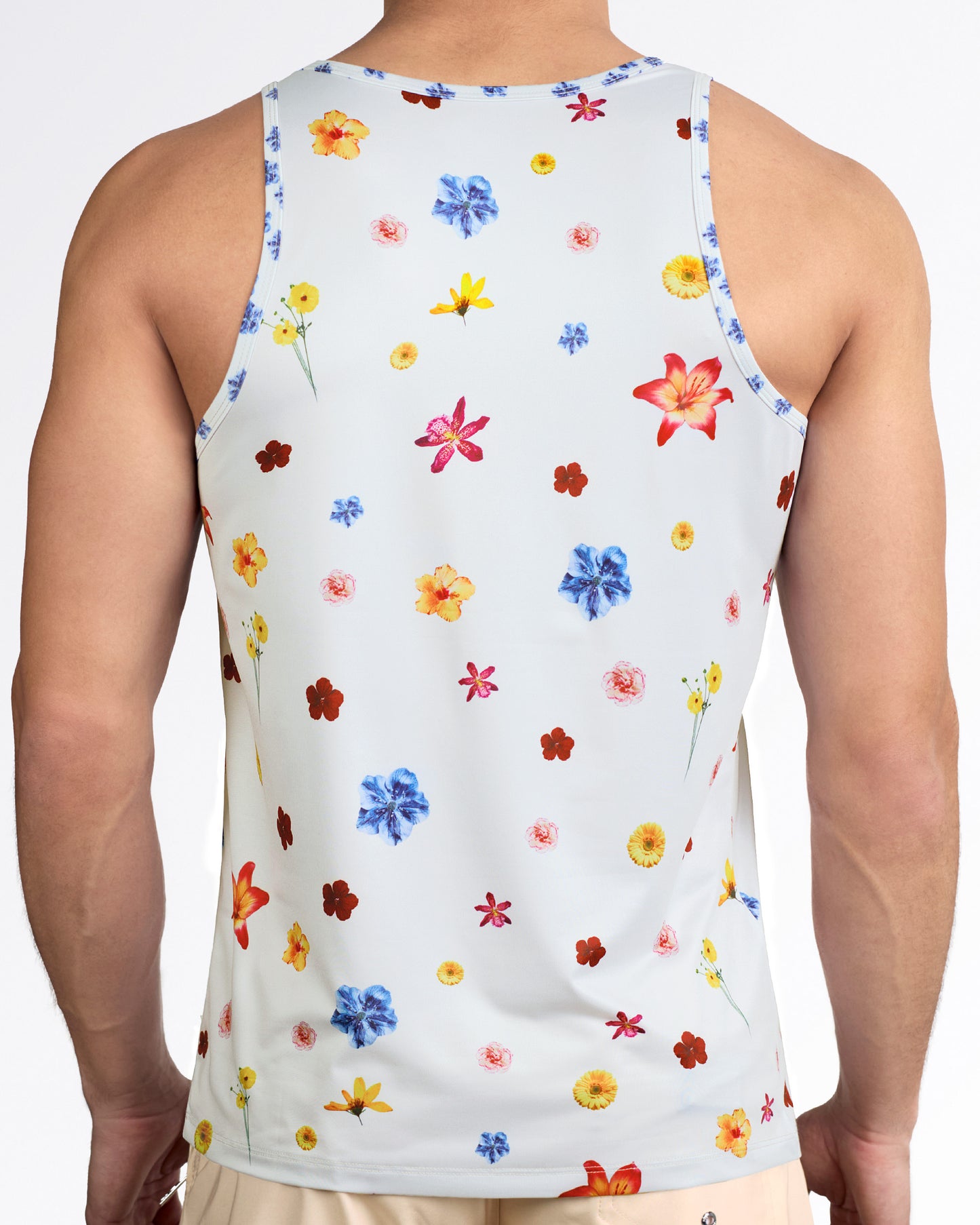 DC2 Flower Powers (Cream) Gym Tank Top — back view showing full floral coverage with clean neckline and breathable fit.
