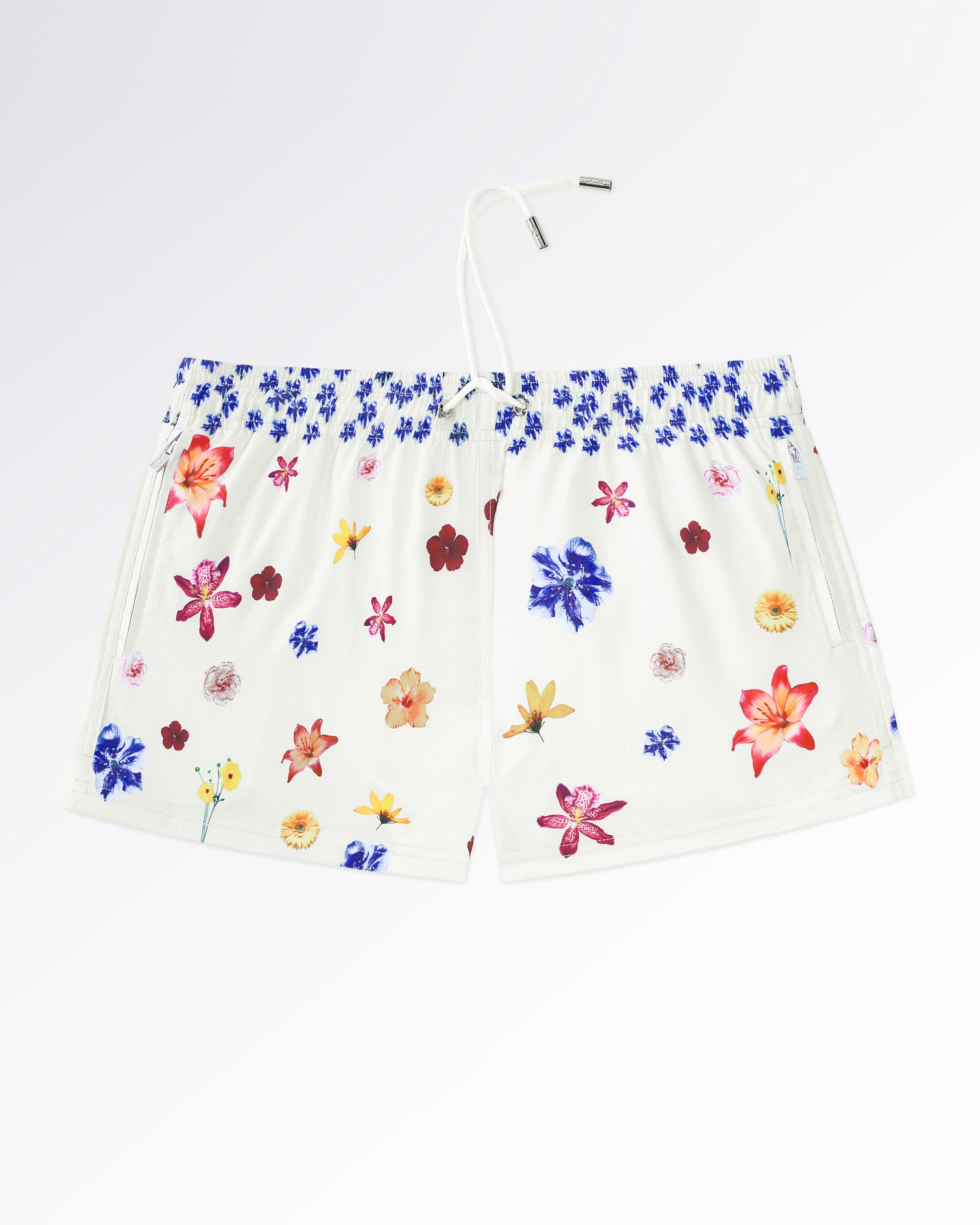 DC2 Flower Powers (Cream) Poolside Shorts — front flat-lay view highlighting the cream base with multicolor floral print and clean poolside short cut.