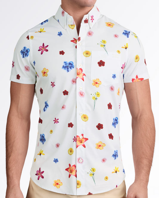 BANG! Flower Powers (Cream) Stretch Shirt — model wearing short sleeve button-up shirt featuring cream base with multicolor floral print, tailored fit, and chest pocket detail.
