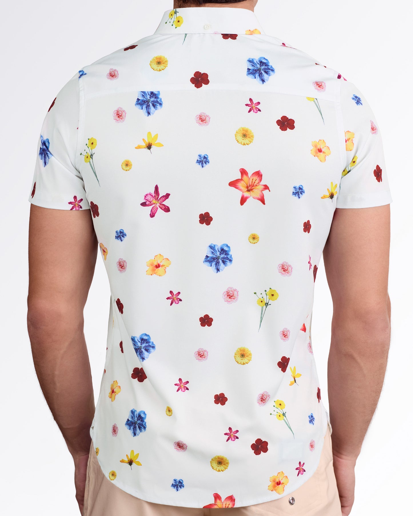BANG! Flower Powers (Cream) Stretch Shirt — back view highlighting all-over floral pattern with red, yellow, and blue flowers on a clean cream background.