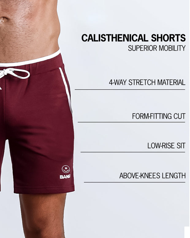 An infographic explaining the features of the men’s Calisthenical Shorts. These shorts offers superior mobility, a form-fitting cut, a low-rise sit, above-knee length, and 4-way stretch material.